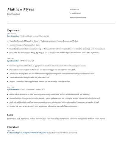 Epic Consultant Resume
