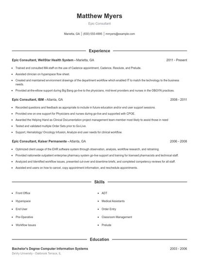 Epic Consultant Resume