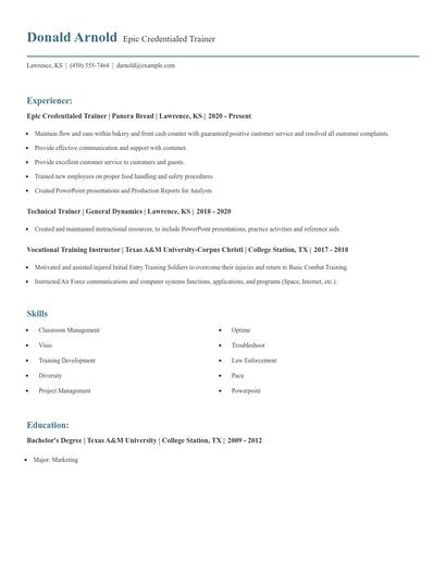 Epic Credentialed Trainer Resume