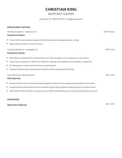Equipment Cleaner Resume