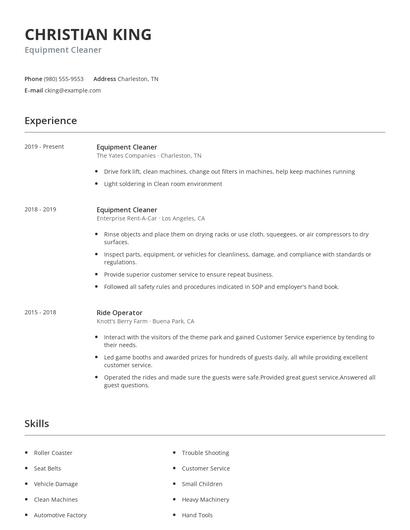 Equipment Cleaner Resume