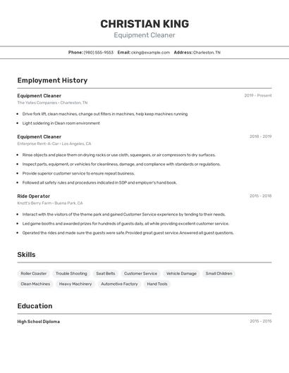 Equipment Cleaner Resume