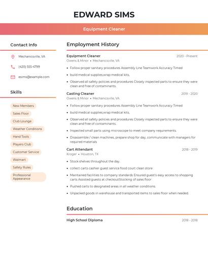 Equipment Cleaner Resume