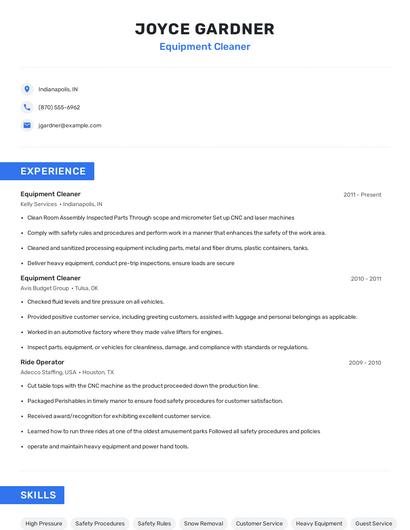 Equipment Cleaner Resume