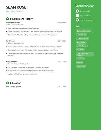 Equipment Cleaner Resume