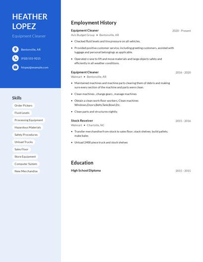 Equipment Cleaner Resume