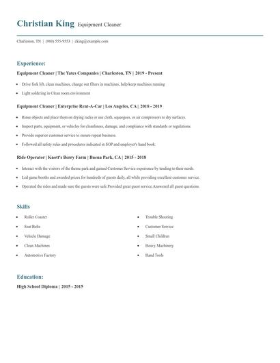Equipment Cleaner Resume