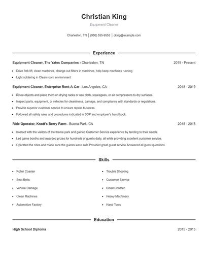 Equipment Cleaner Resume