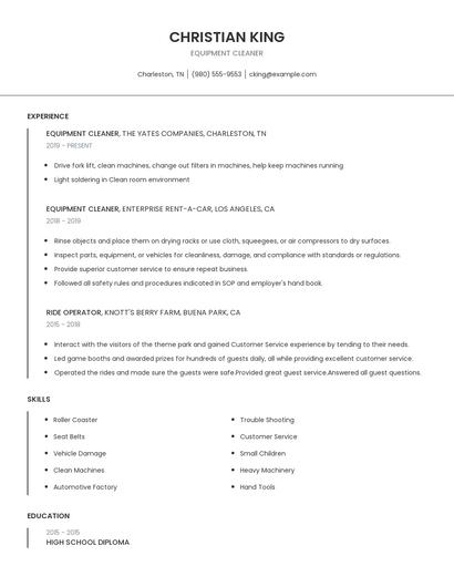 Equipment Cleaner Resume