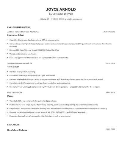 Equipment Driver Resume