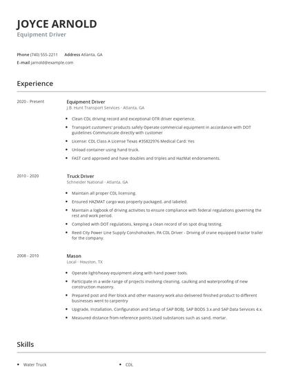 Equipment Driver Resume