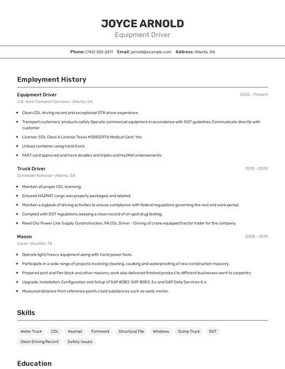 Equipment Driver Resume