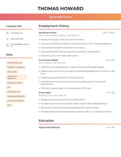 Equipment Driver Resume