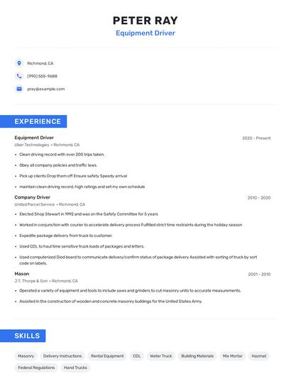 Equipment Driver Resume