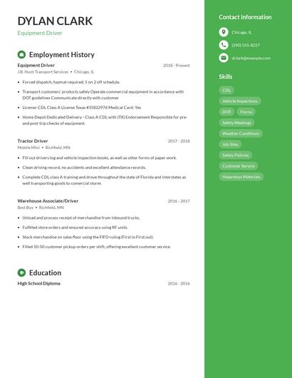 Equipment Driver Resume