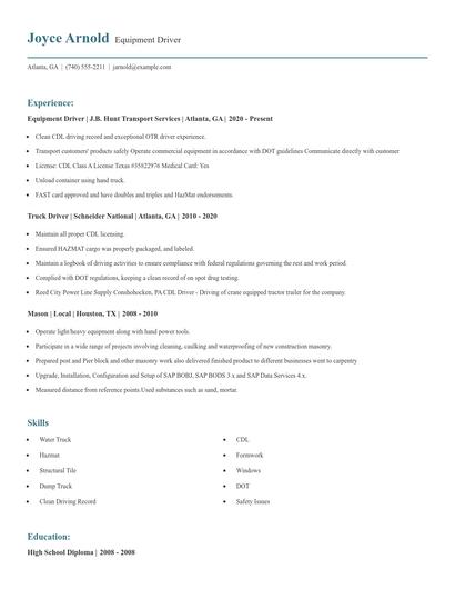 Equipment Driver Resume