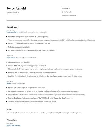 Equipment Driver Resume
