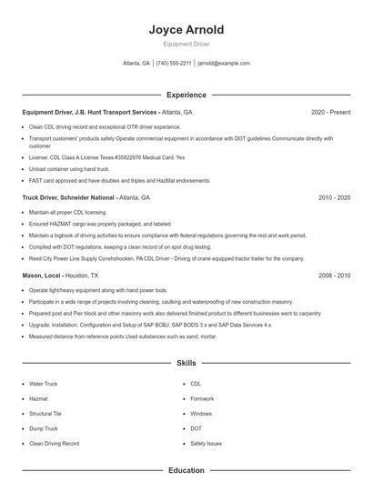 Equipment Driver Resume