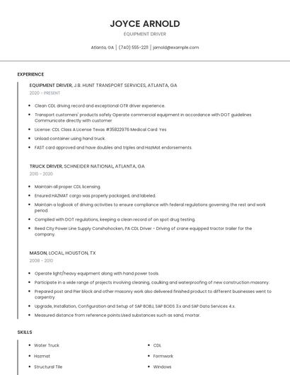 Equipment Driver Resume