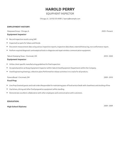 Equipment Inspector Resume