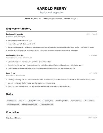 Equipment Inspector Resume