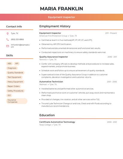 Equipment Inspector Resume