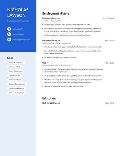 Equipment Inspector Resume