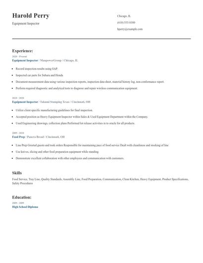 Equipment Inspector Resume