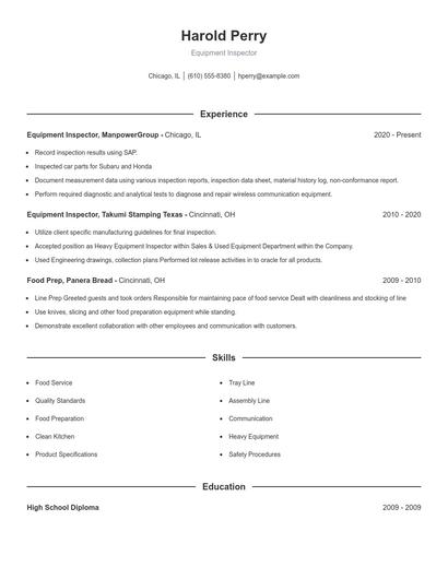 Equipment Inspector Resume