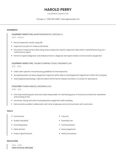Equipment Inspector Resume