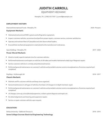 Equipment Mechanic Resume