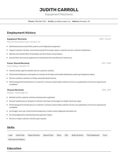Equipment Mechanic Resume