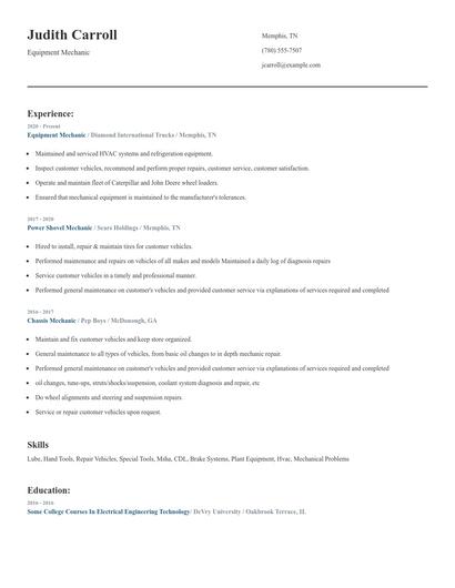 Equipment Mechanic Resume