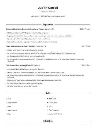 Equipment Mechanic Resume