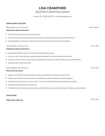 Equipment Operator/Labour Resume