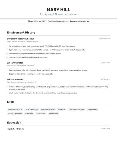Equipment Operator/Labour Resume