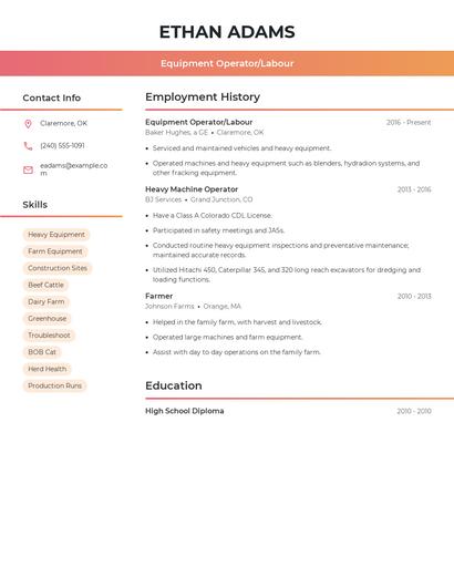 Equipment Operator/Labour Resume