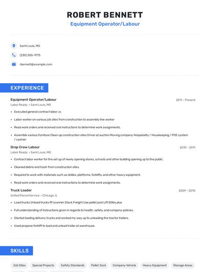 Equipment Operator/Labour Resume