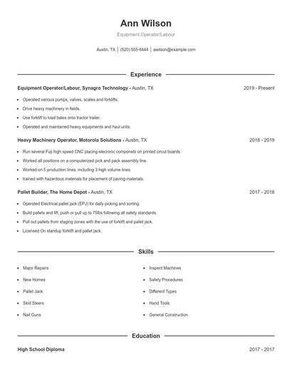 Equipment Operator/Labour Resume