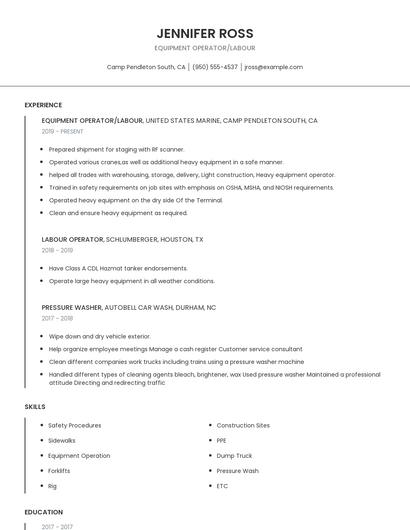 Equipment Operator/Labour Resume