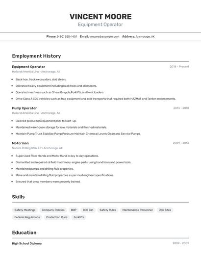 Equipment Operator Resume