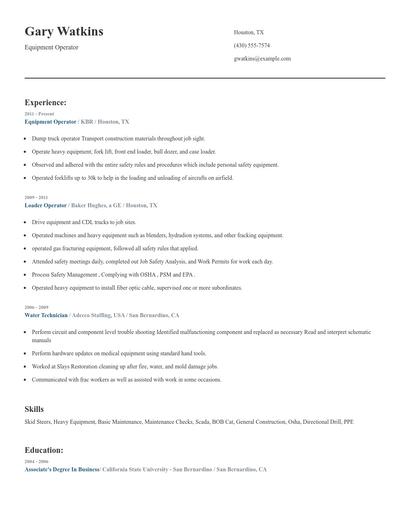 Equipment Operator Resume