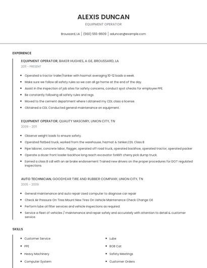 Equipment Operator Resume