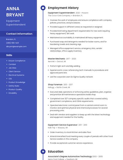 Equipment Superintendent Resume