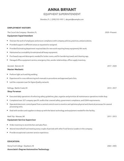 Equipment Superintendent Resume