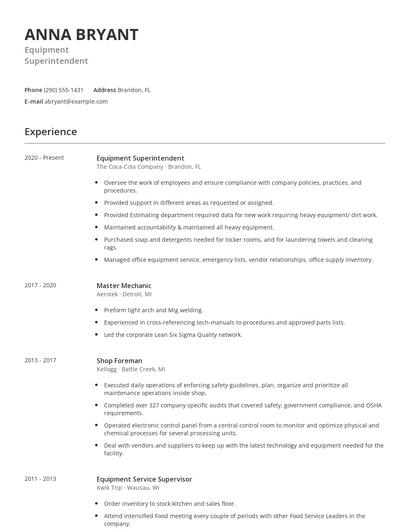 Equipment Superintendent Resume