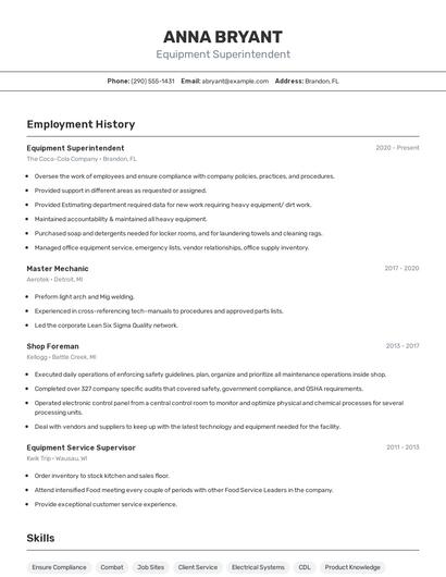 Equipment Superintendent Resume