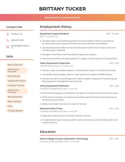 Equipment Superintendent Resume