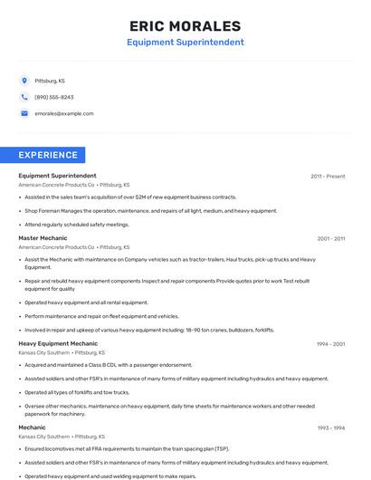 Equipment Superintendent Resume