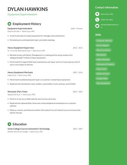 Equipment Superintendent Resume